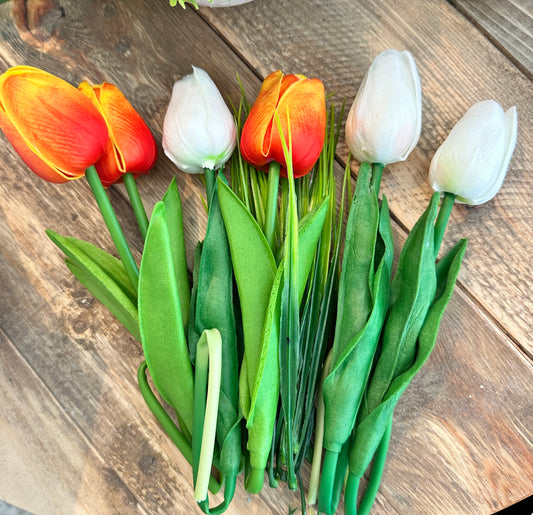 6 Pack of Faux Tulips: 3 white and 3 Orange