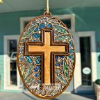 Oval Cross with Floral Seaglass Suncatcher Design G334
