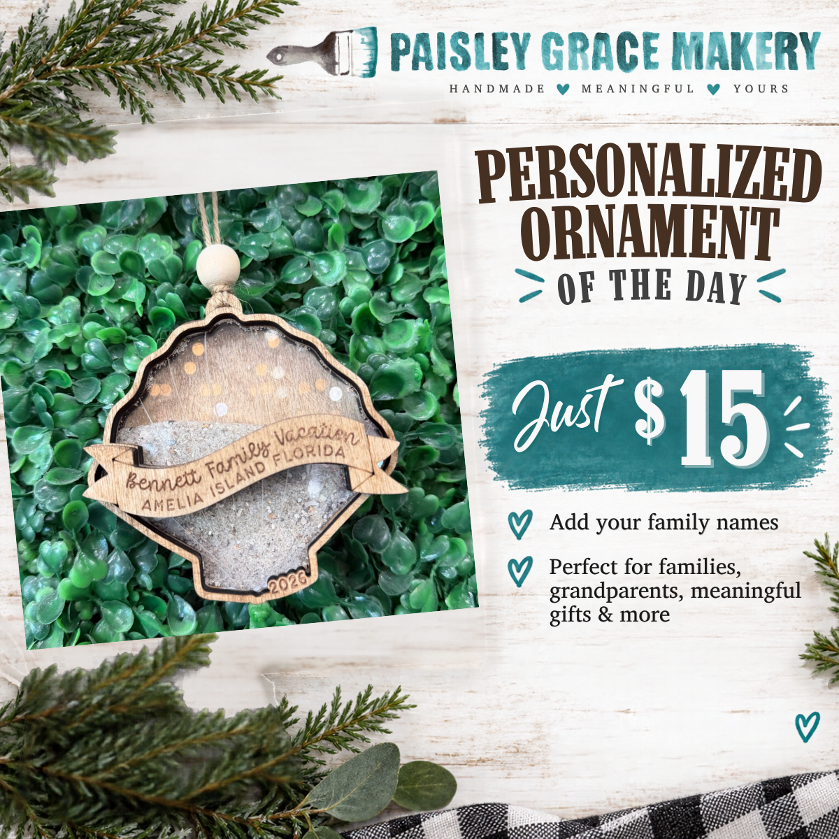 Personalized Sand and Shell Family Vacation Ornament G0787