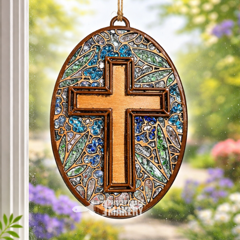 Oval Cross with Floral Seaglass Suncatcher Design G334