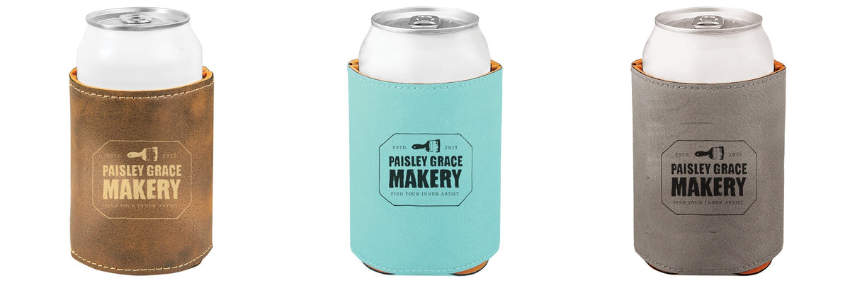 Personalized laser engraved leatherette can koozies in Rustic Gold, Teal and Gray with Paisley Grace Makery logo