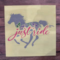 A square yellow craft paper with a design of a horse and flowers, and the text 'Just Ride' in a cursive pink font.