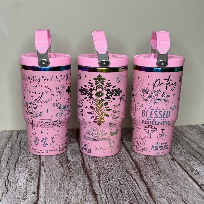 Faith Full Wrap 30 oz Light Pink with Copper Core Flip Top with Lid Handle P014021