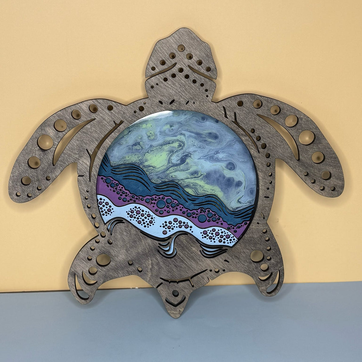 12" Layered Turtle Epoxy Paint Pour Green Sky