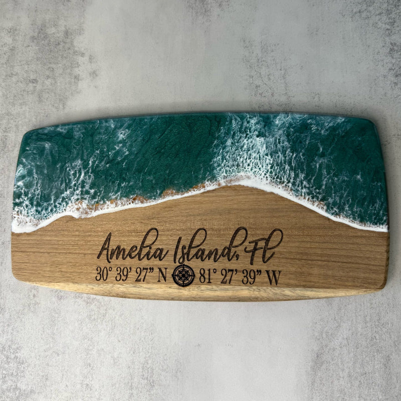 Amelia Island GPS Ocean Epoxy Acacia Board Engraved