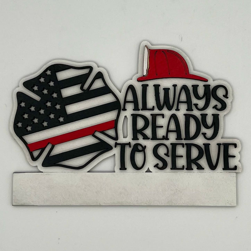 Decorative sign with American flag, red hat, and 'Always Ready to Serve' text on a white background