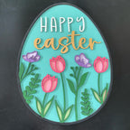 Easter egg-shaped card with 'Happy Easter' text and flowers on a black background