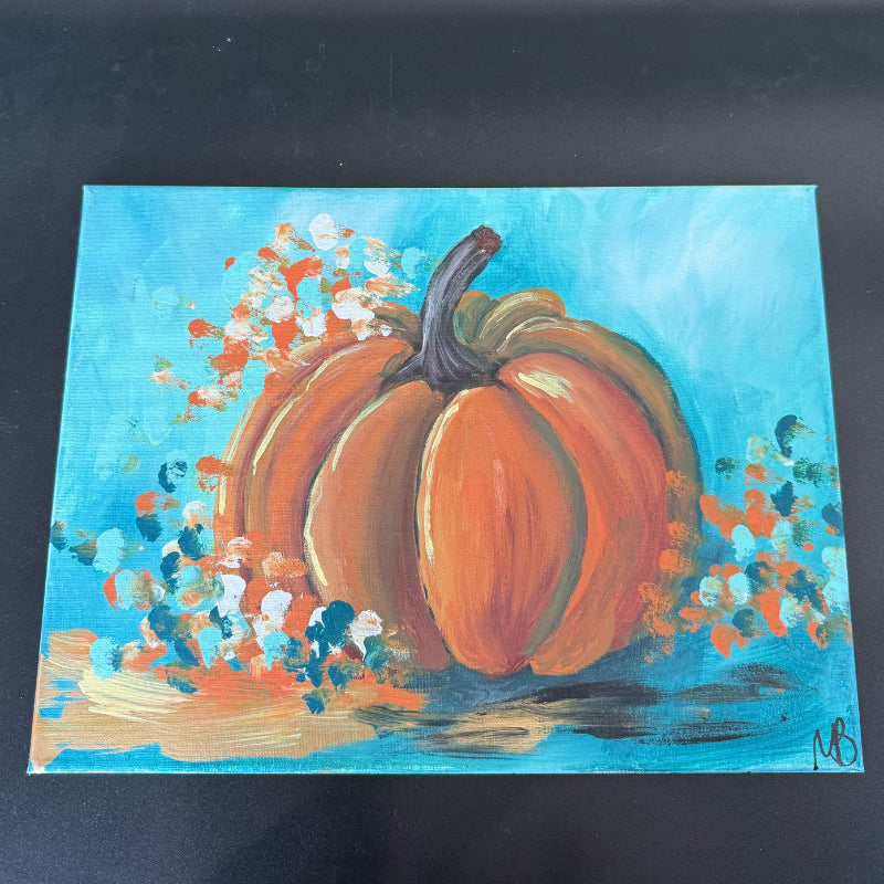 Painting of a pumpkin on a blue background
