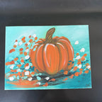 Painting of a pumpkin with flowers on a teal background
