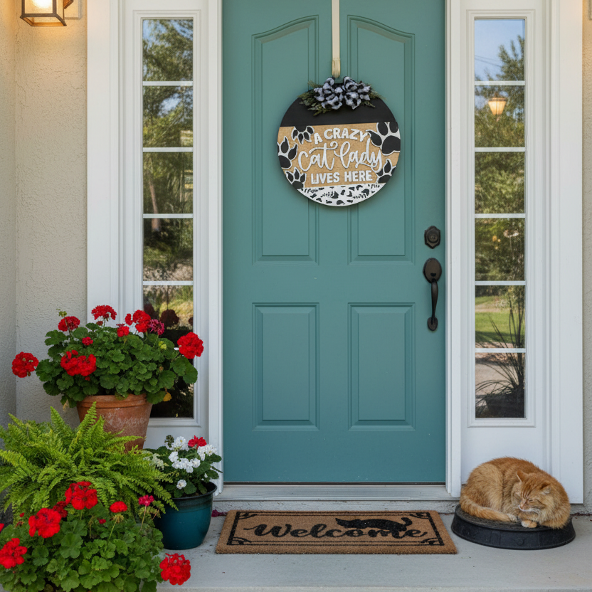 Decorative door hanger with 'A Crazy Cat Lady Lives Here' text and paw prints, attached to a glass door.
