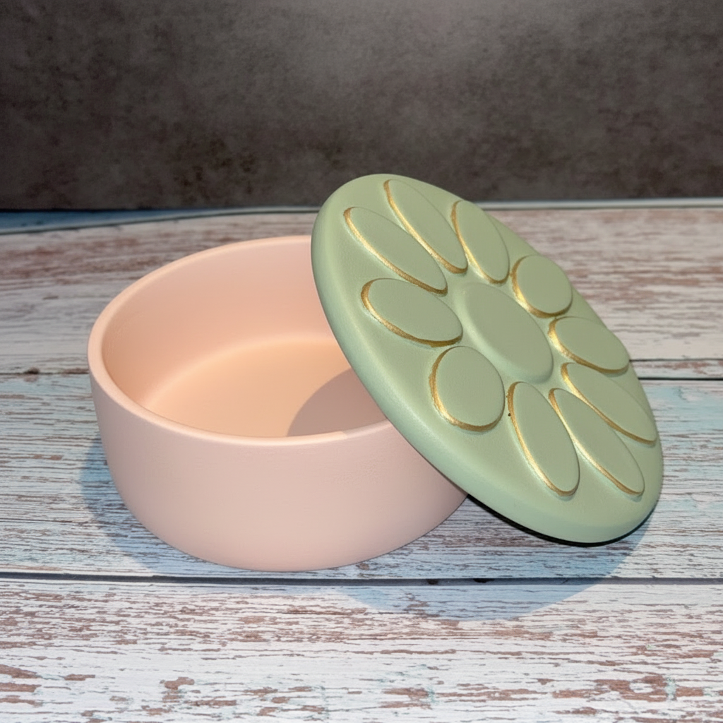 White ceramic dish with lid on a wooden surface