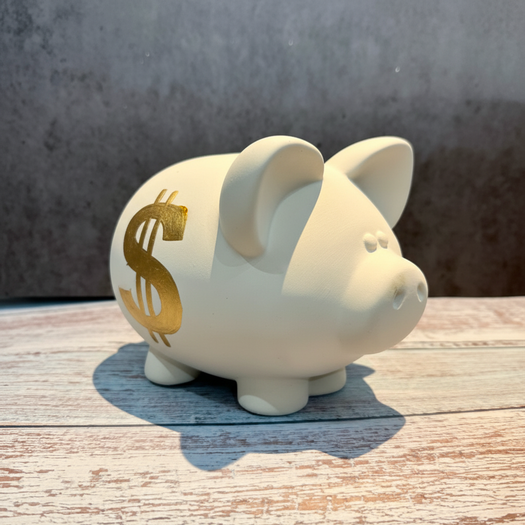 White ceramic piggy bank on a wooden surface with a gray background
