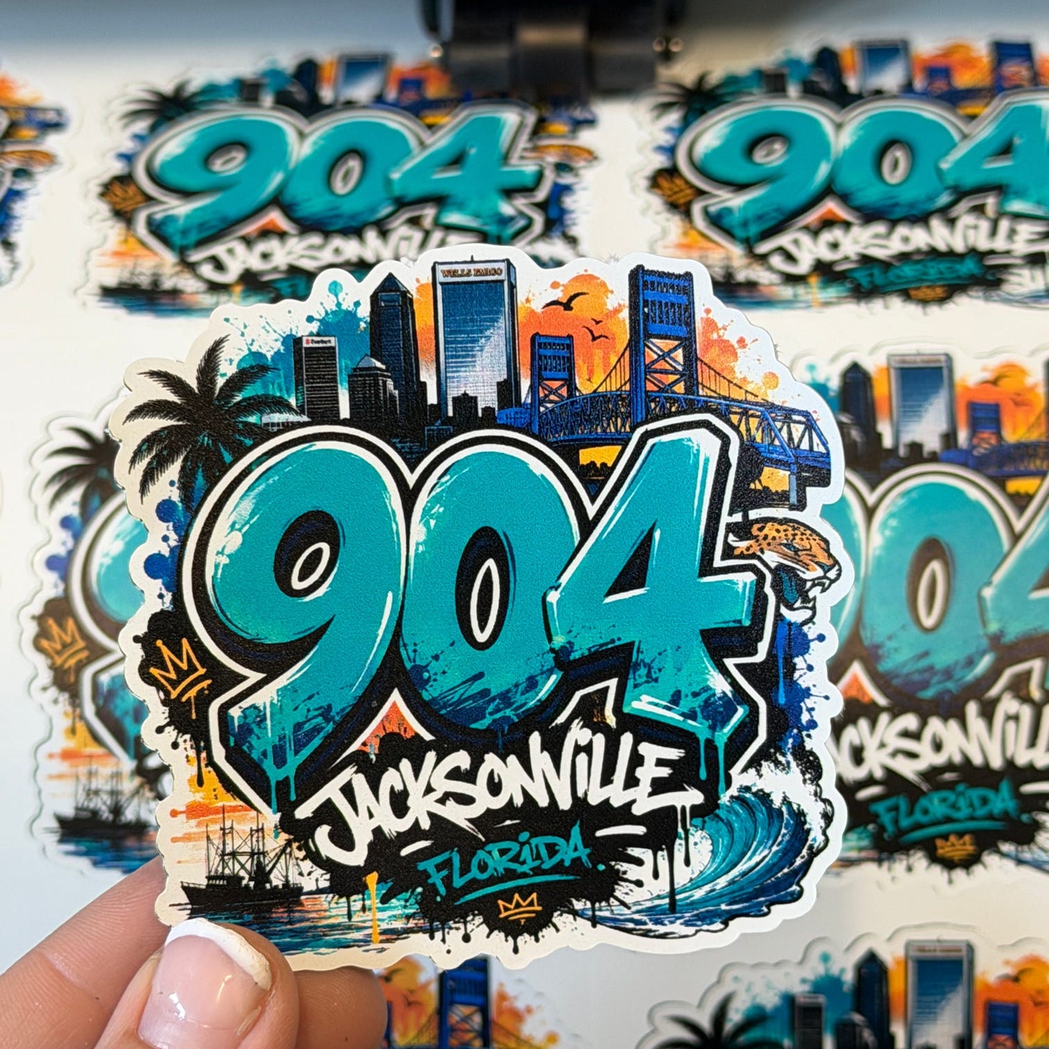 Sticker with '904 Jacksonville Florida' design held by a hand, with multiple stickers in the background.