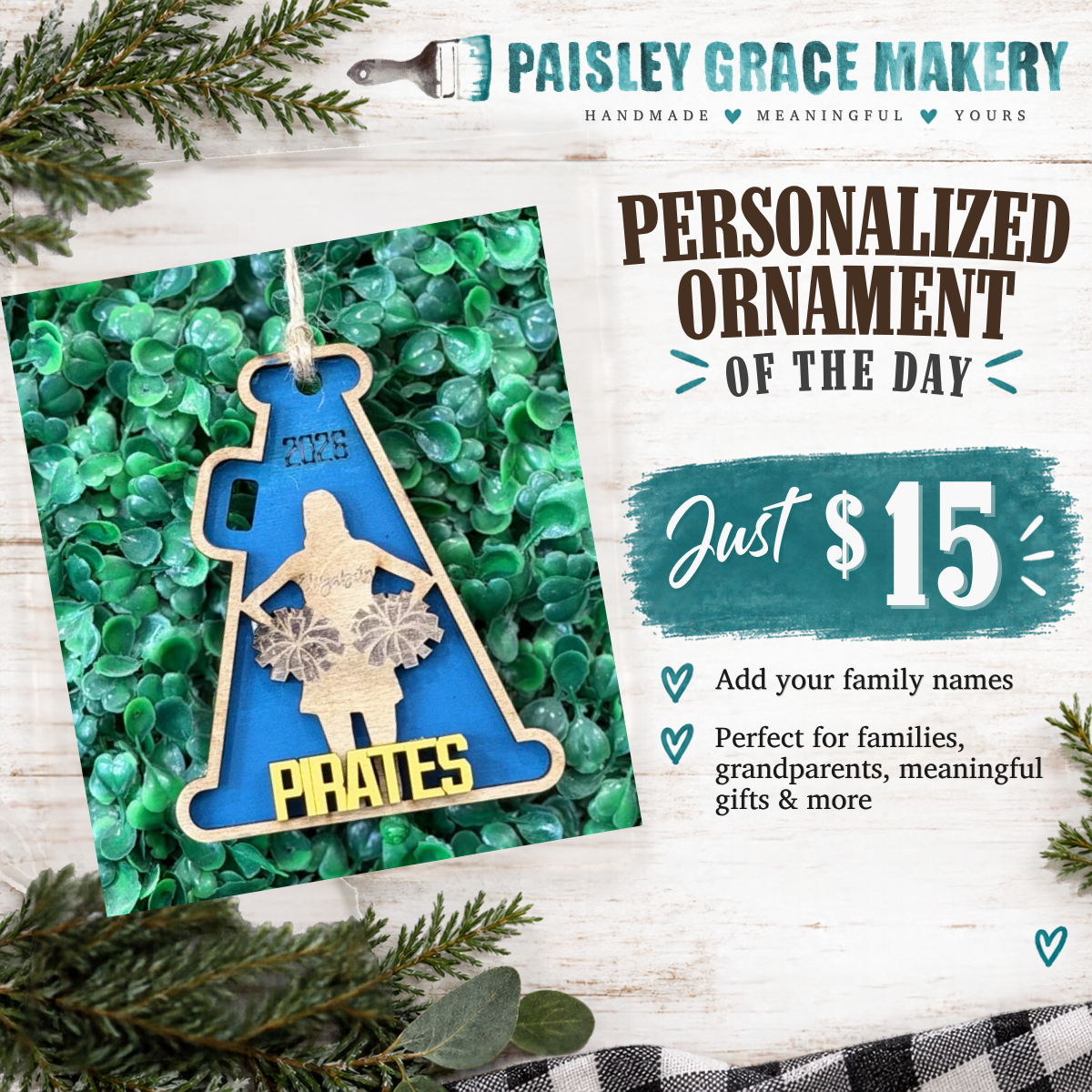 Personalized Cheerleader Silhouette Megaphone Ornament G0789