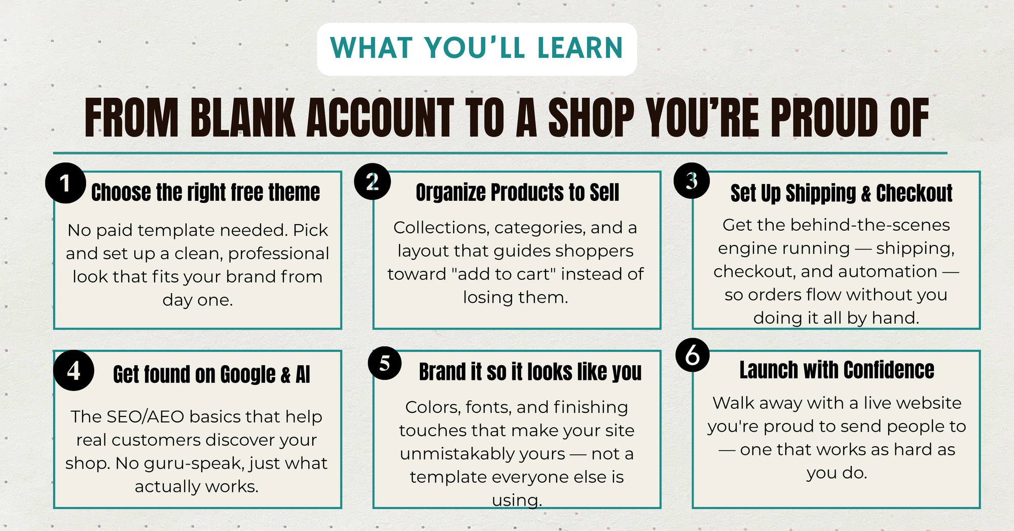 1
Choose the right theme — free
No paid template needed. Pick and set up a clean, professional look that fits your brand from day one.

2
Organize products to sell
Collections, categories, and a layout that guides shoppers toward "add to cart" instead of losing them.

3
Set up shipping & checkout
Get the behind-the-scenes engine running — shipping, checkout, and automation — so orders flow without you doing it all by hand.

4
Get found on Google
The SEO basics that help real customers discover your shop. No