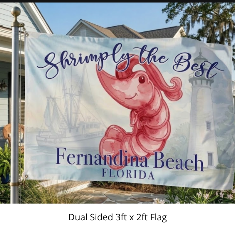 Fernandina Beach “Shrimply the Best” Double-Sided Shrimp Festival Flag – Coastal Shrimp Boat & Lighthouse Garden Flag | Amelia Island Florida Decor