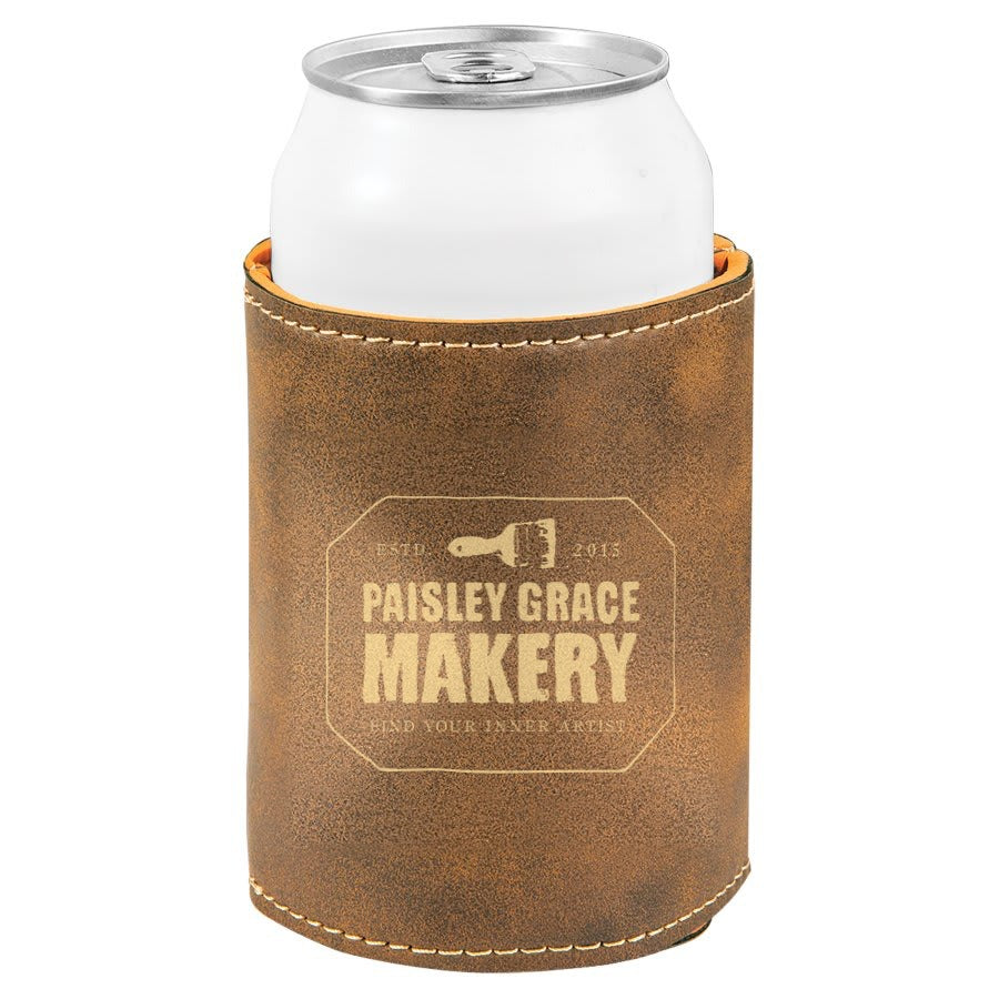 Rustic Gold leatherette koozie laser engraved in gold with custom logo