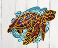 A decorative layered turtle sign with a unique design, featuring a turtle with multicolored patterns on a blue and white background.