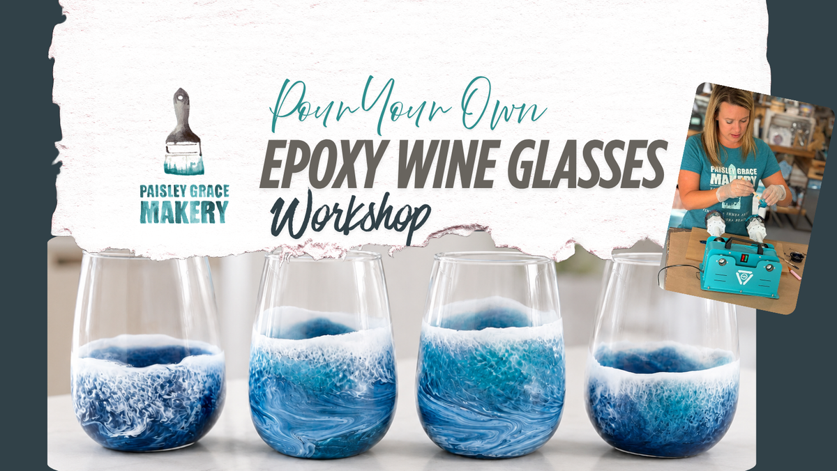 Pour Your Own Epoxy Stemless Wine Glass Class flyer, Paisley Grace Makery, Fernandina Beach FL