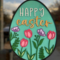A layered egg-shaped door hanger with the text 'HAPPY easter' and floral patterns in vibrant colors.