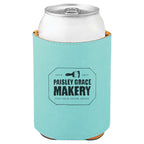 Teal leatherette koozie laser engraved with custom logo
