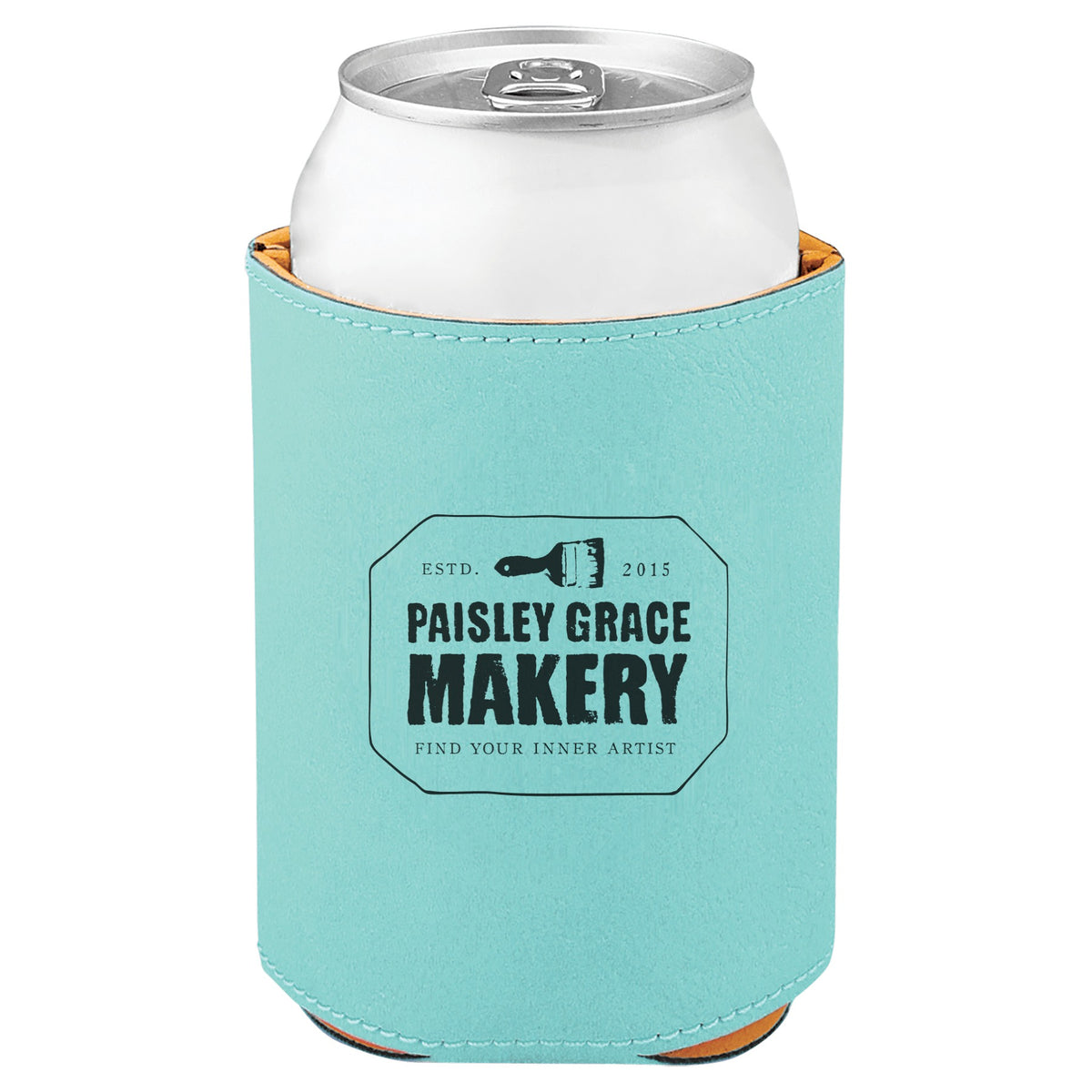 Teal leatherette koozie laser engraved with custom logo