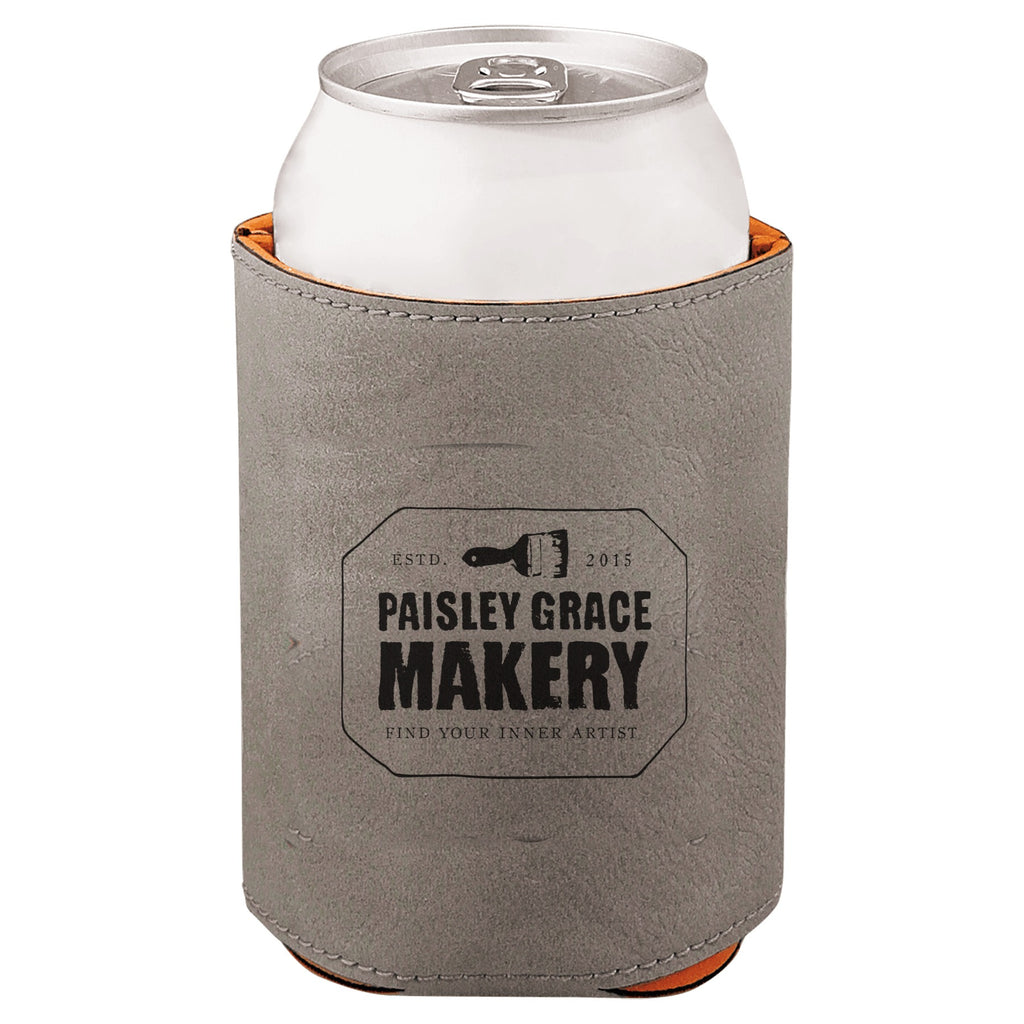 Gray leatherette koozie laser engraved in black with custom logo