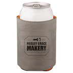 Gray leatherette koozie laser engraved in black with custom logo