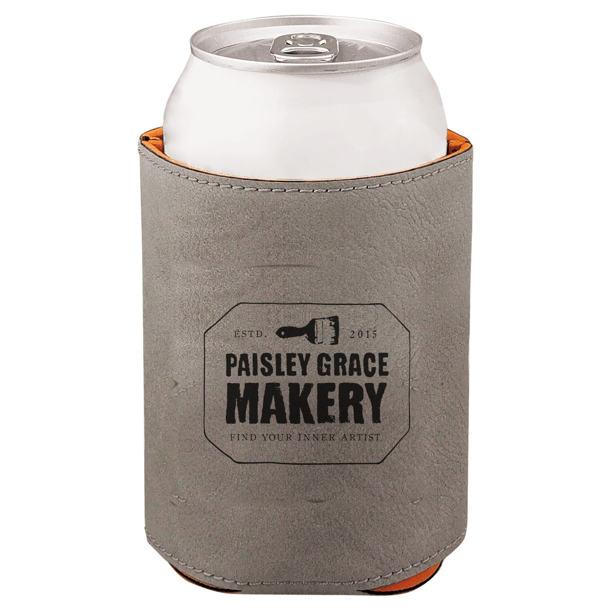 Gray leatherette koozie laser engraved in black with custom logo