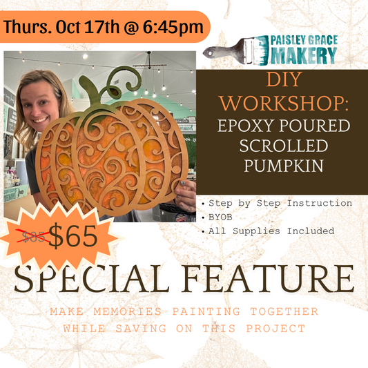 10.17.24 @ 7:00- Epoxy Poured Scrolled Pumpkin Door Hanger or Shelf Sitter