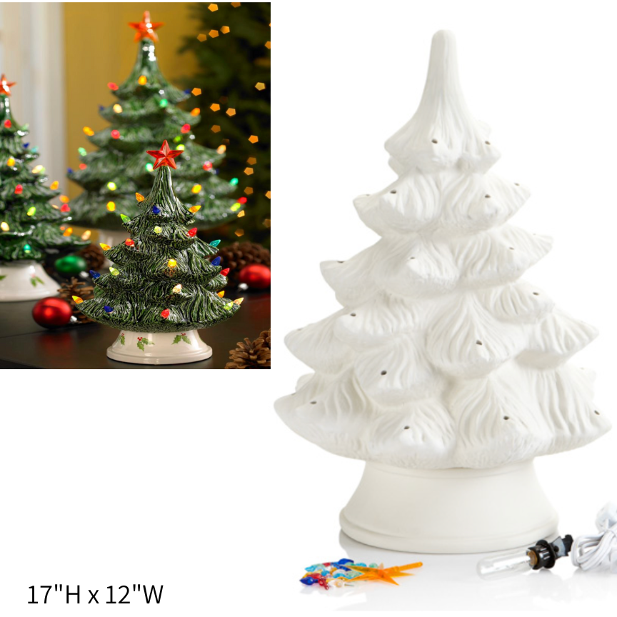 A ceramic lighted Christmas tree with green branches and multicolored lights, displayed in two settings, one as a decoration and the other with the lights unpackaged.