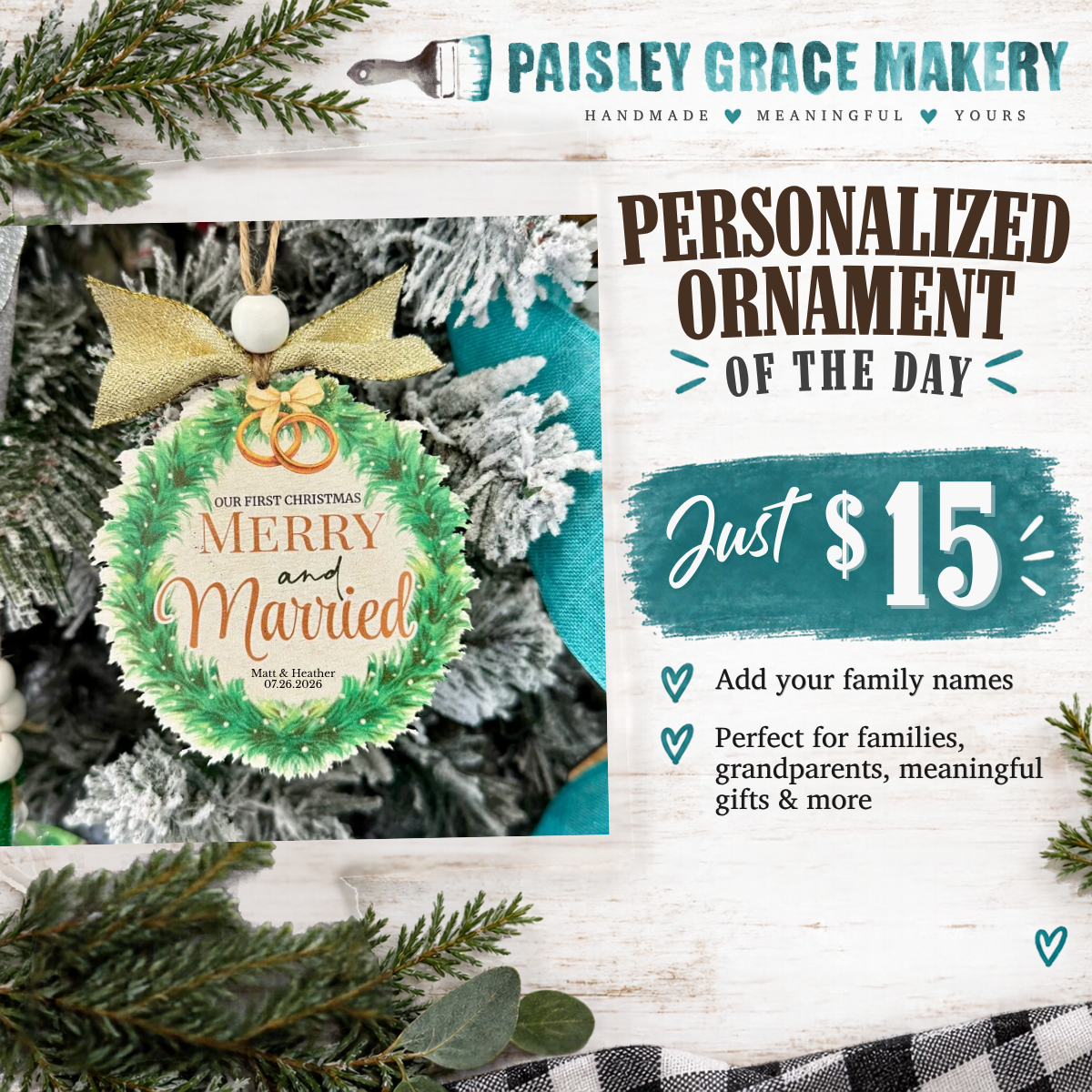 Merry and Married First Christmas Wedding Wreath Ornament G0778