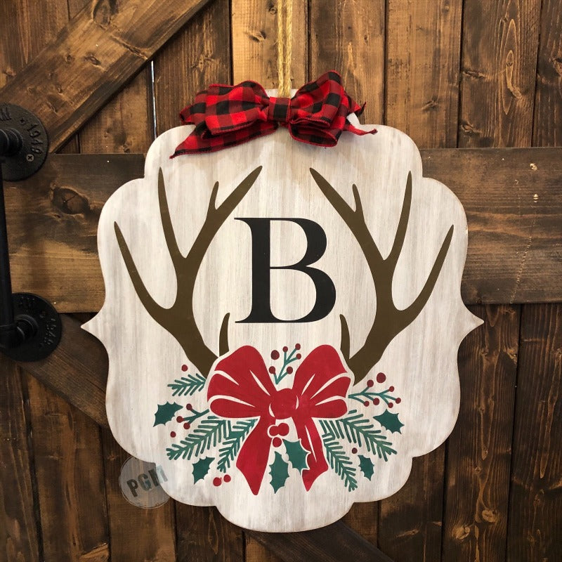 ANTLER WITH BOW MONOGRAM FLOURISH DOOR HANGER DESIGN P0288