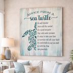 Decorative wall art with 'Advice from a Sea Turtle' quote in a living room setting. DIY Coastal Decor. Workshop Paint and Sip Girls Night out IN Fernandina Beach FL.