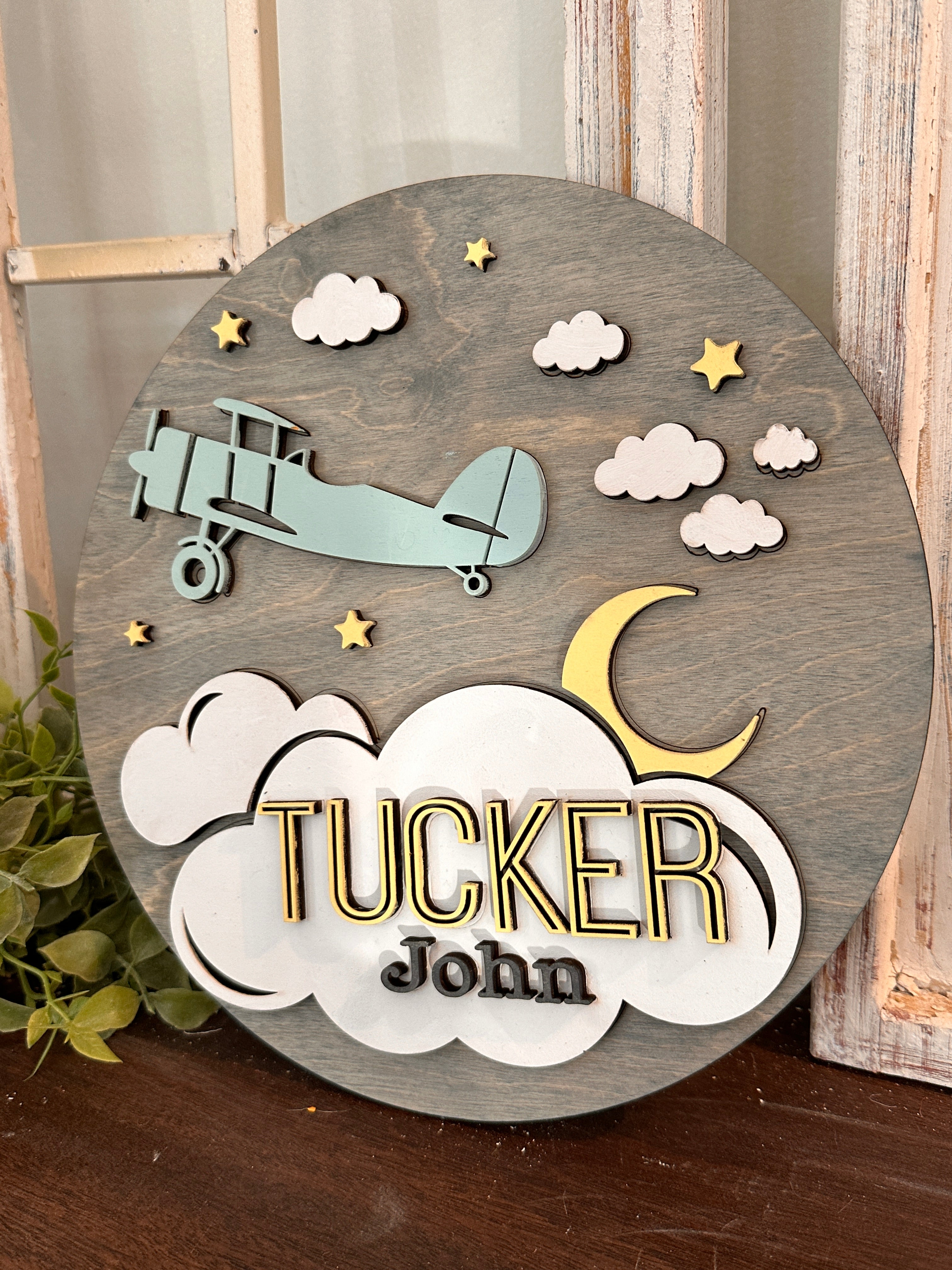 Airplane and Clouds Personalized Round Design P03575