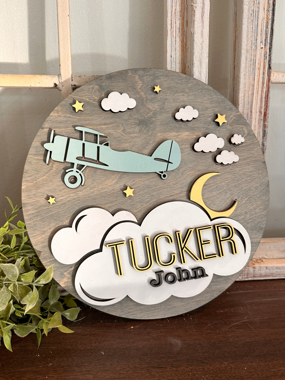 Airplane and Clouds Personalized Round Design P03575