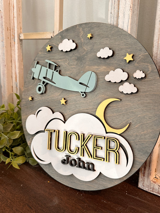 Airplane and Clouds Personalized Round Design P03575