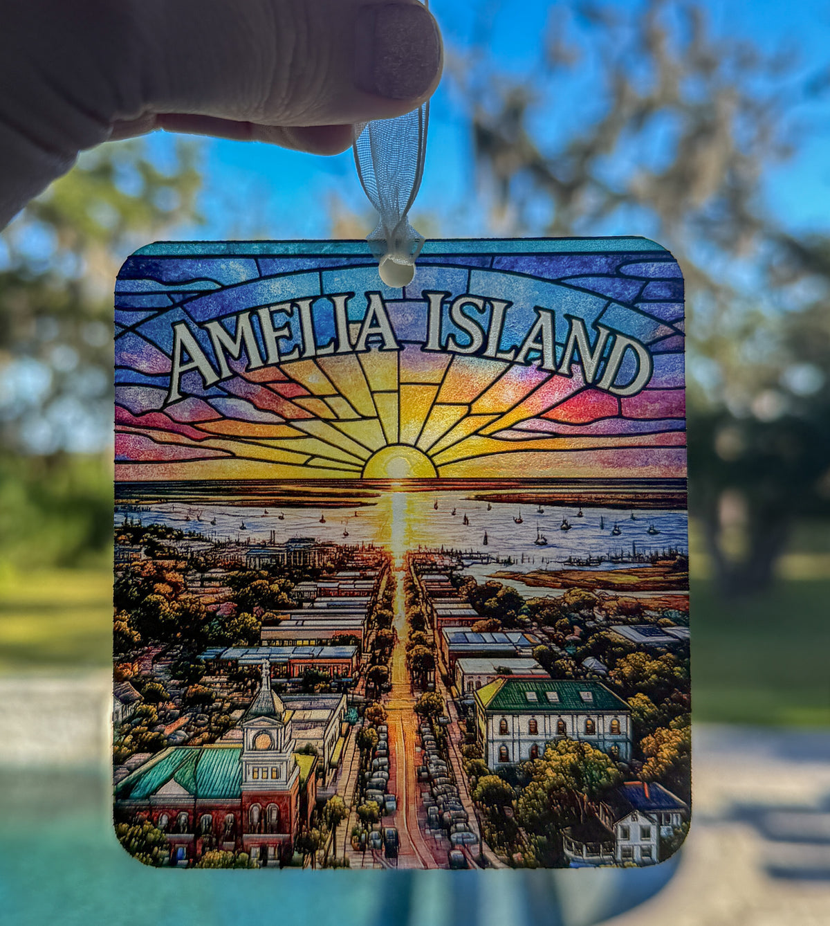 Colorful 'Amelia Island' souvenir ornament with a scenic design Suncatcher Realtor Gift. 