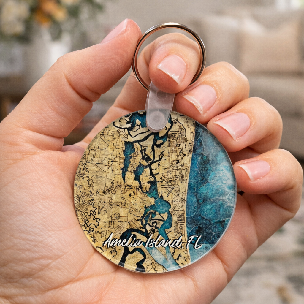 Amelia Island Florida map acrylic keychains for wedding welcome bags and corporate event gifts, coastal Fernandina Beach FL souvenir favors