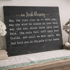 Decorative sign with an Irish blessing on a table with a cross and flowers. DIY Workshop or Finished Project. Jax Moms Night Out. 
