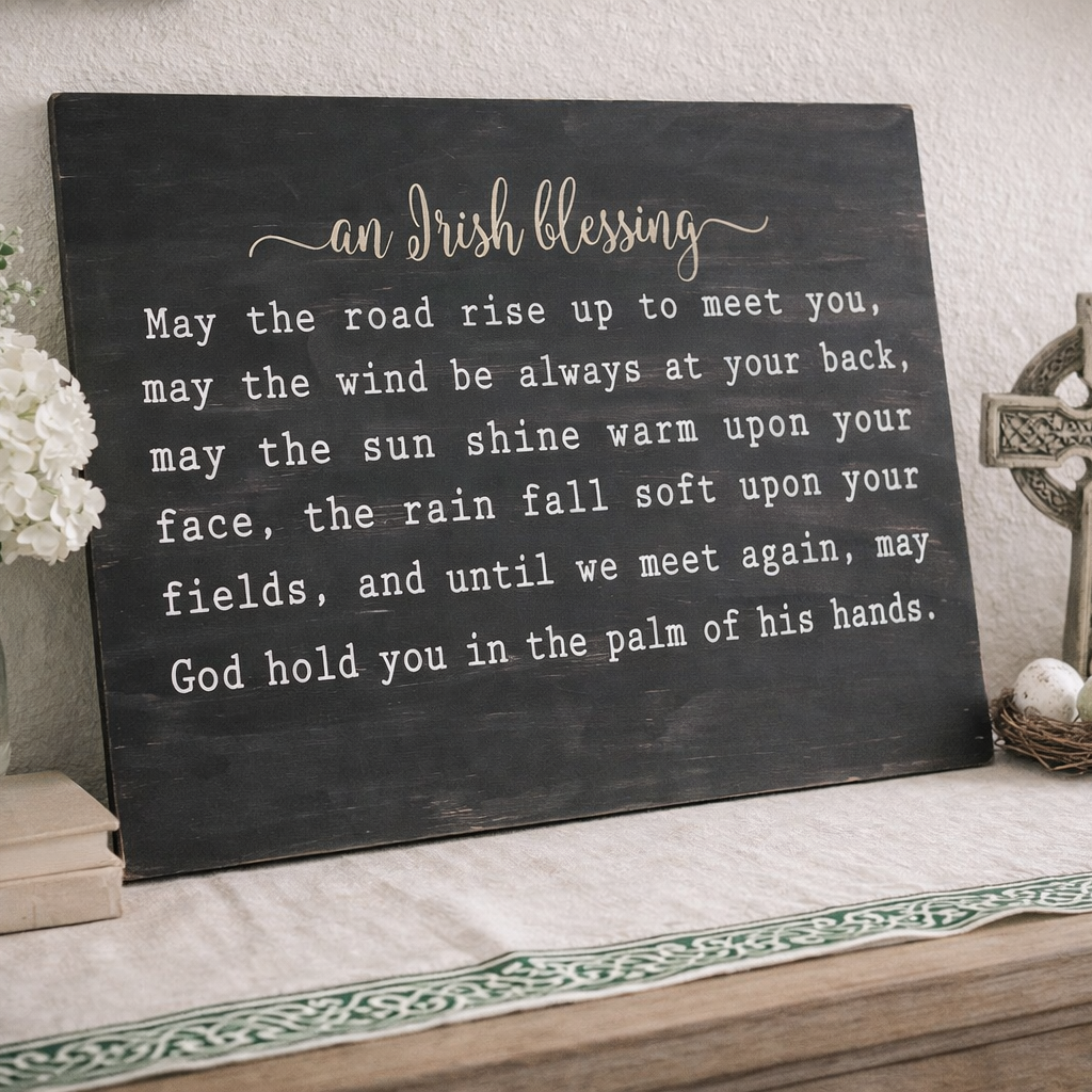 Decorative sign with an Irish blessing on a table with a cross and flowers. DIY Workshop or Finished Project. Jax Moms Night Out. 