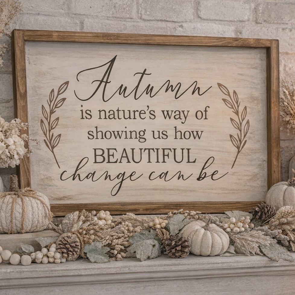 Decorative autumn sign with pumpkins and candles on a mantel.  DIY Crafts. DIY Painting Kit. Paisley Grace Makery. DIY Paint Parties. GNO. 
