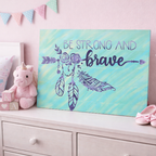 Children's room with motivational sign 'Be Strong and Brave', pink decor, and unicorn plush toy.