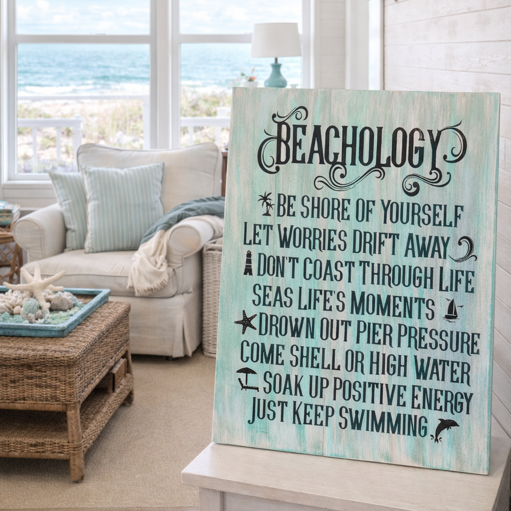 Decorative sign with 'Beachology' text in a living room with ocean view