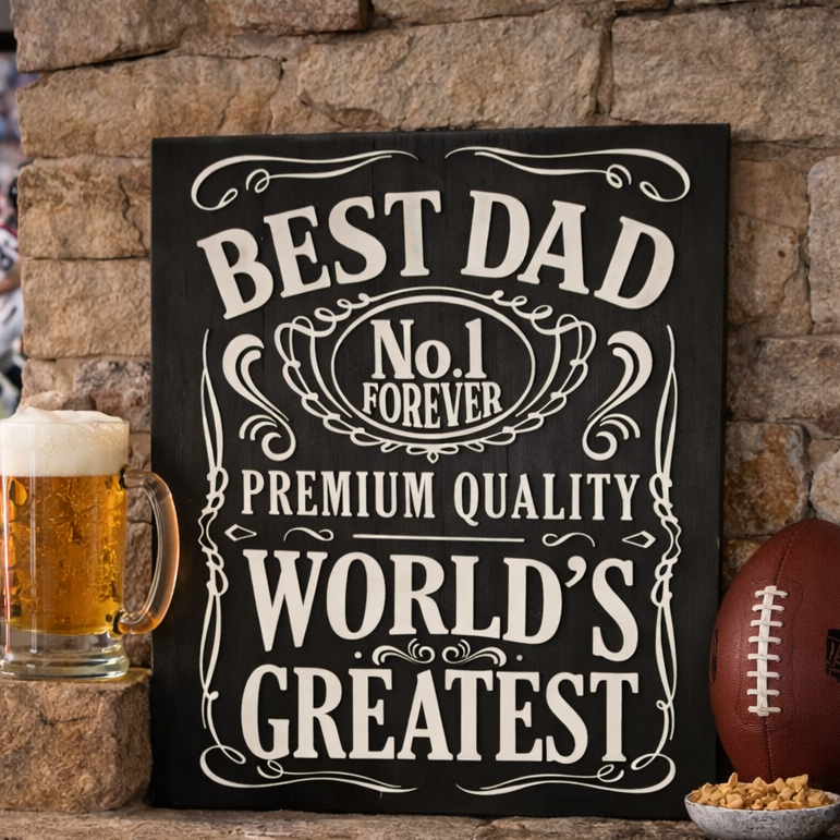 Man Cave with 'Best Dad' sign, pool table, and sports TV. Father's Day Sign. DIY Craft Father's Day gift.