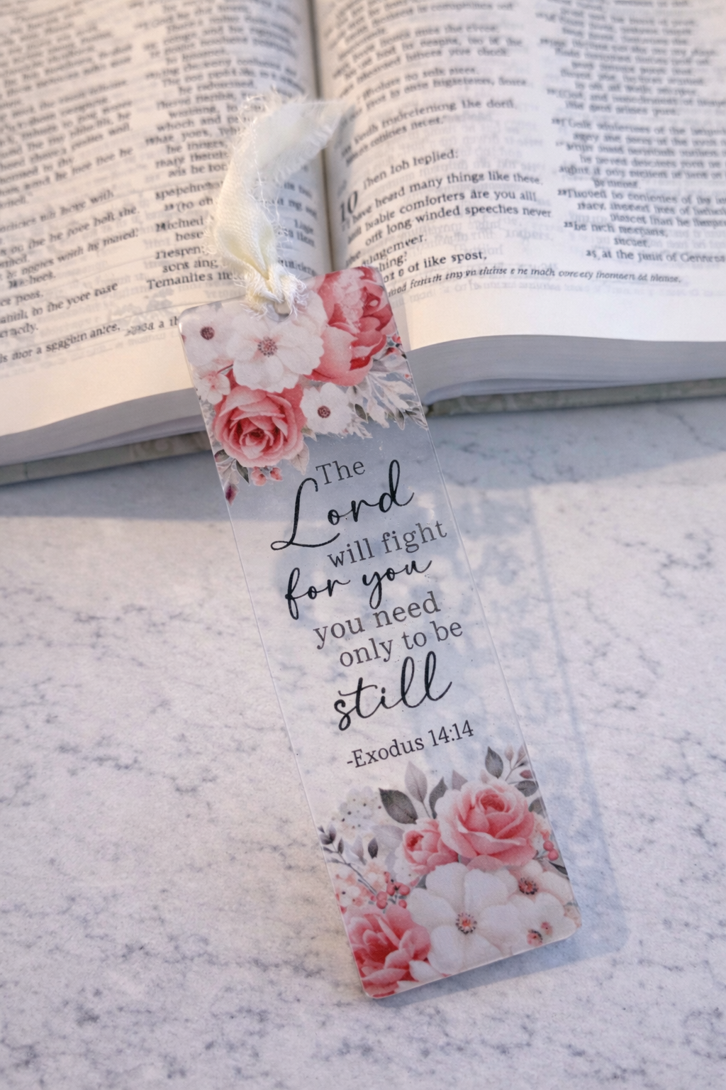 Floral bookmark with The Lord will fight for your Exodus 14:14