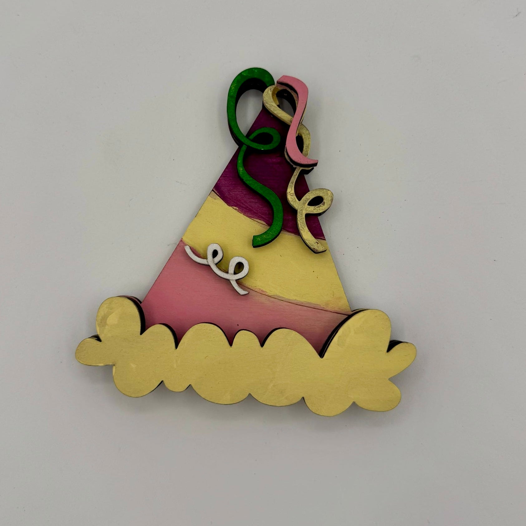 Colorful birthday hat decoration with 'happy' text on a white background