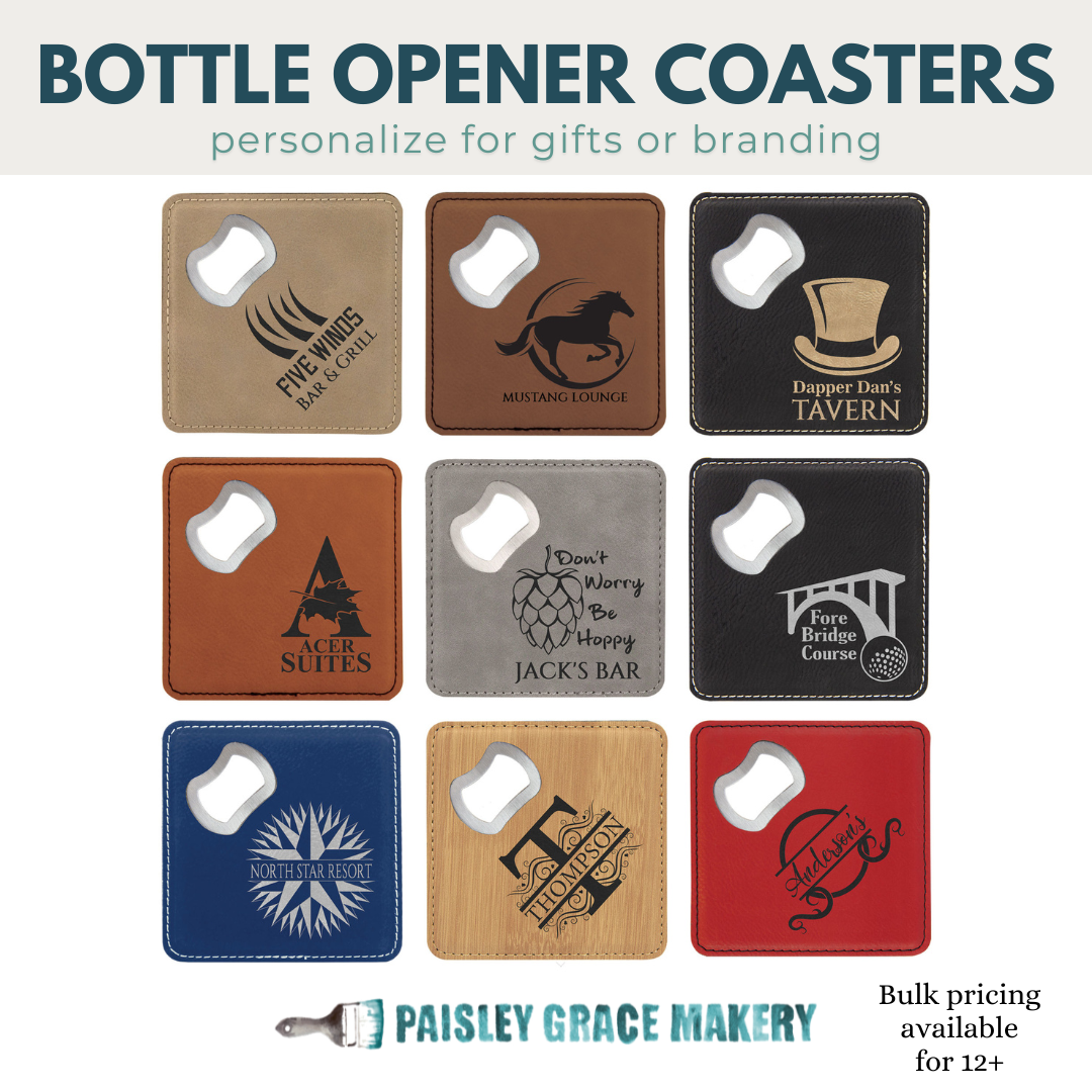 Bottle Openers Costers - Laser Engraved Leatherette