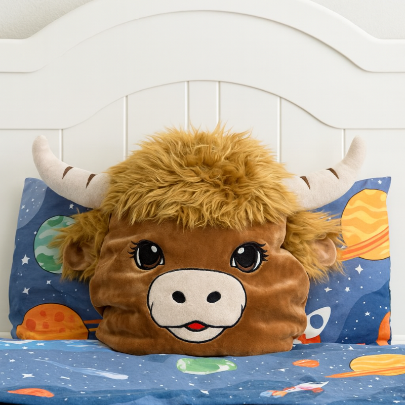 Plush toy cow head on a child's bed with space-themed bedding
