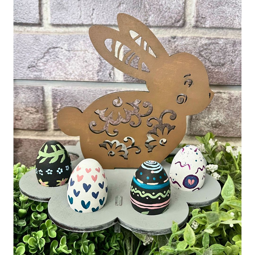 Bunny Egg Holder with 6 Wooden Eggs P03740